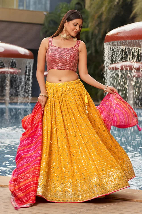 Greatfull collection In Marriage Season Lehenga Cholin With A Dupatta Yellow-Pink Colour