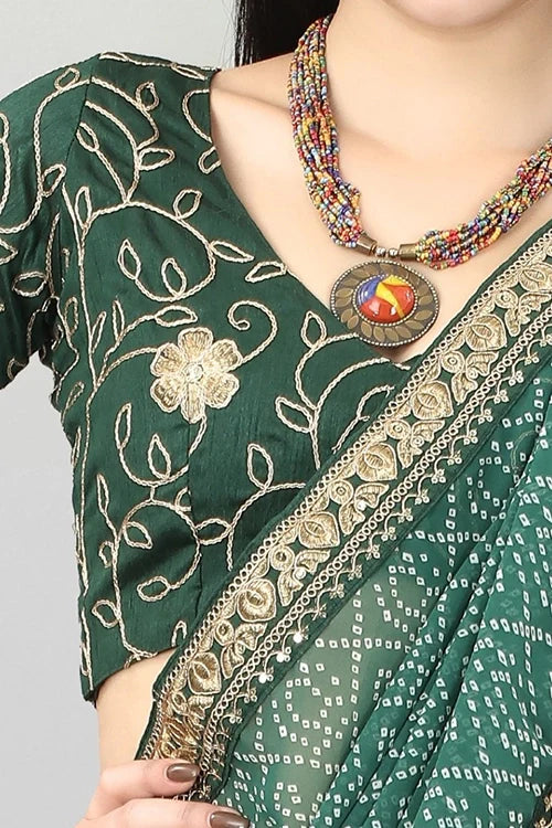 Green Bandhani Georgette Saree with Embroidered Blouse Piece