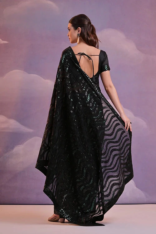 Green-Black Georgette Saree with Lace Border Online