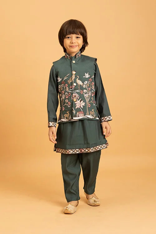 Party & Wedding Special Stylish Green Koti Kurta Set for Kids