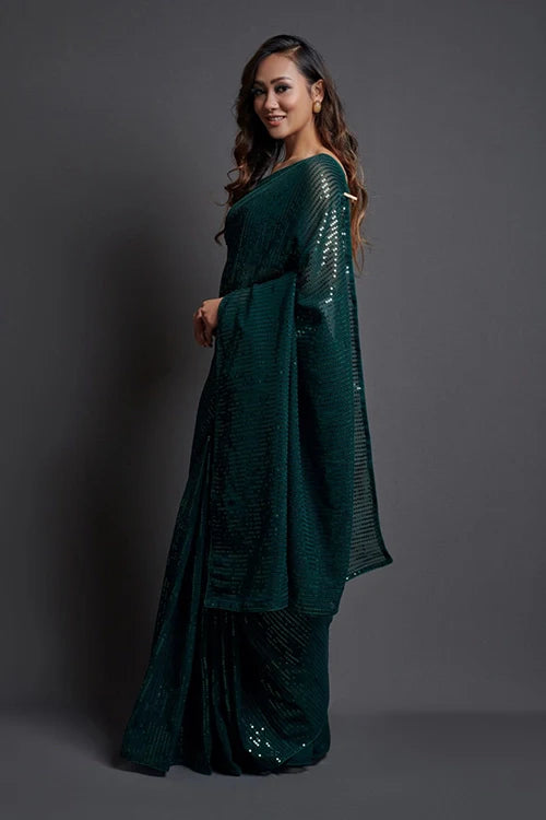 Green Bollywood Designer Saree with Embroidery Work