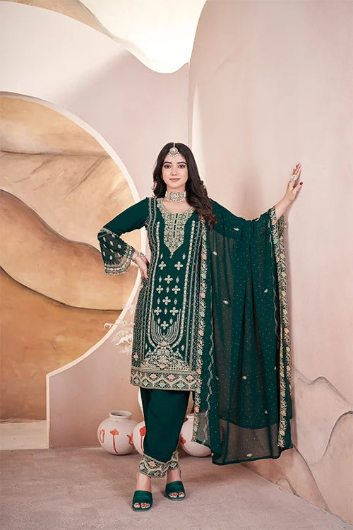 Green Embroidered Georgette Pakistani Suit for Women