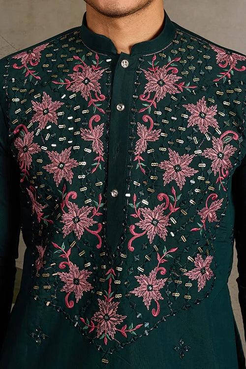 Party Look Green Mirror Embroidered Kurta Set for Men