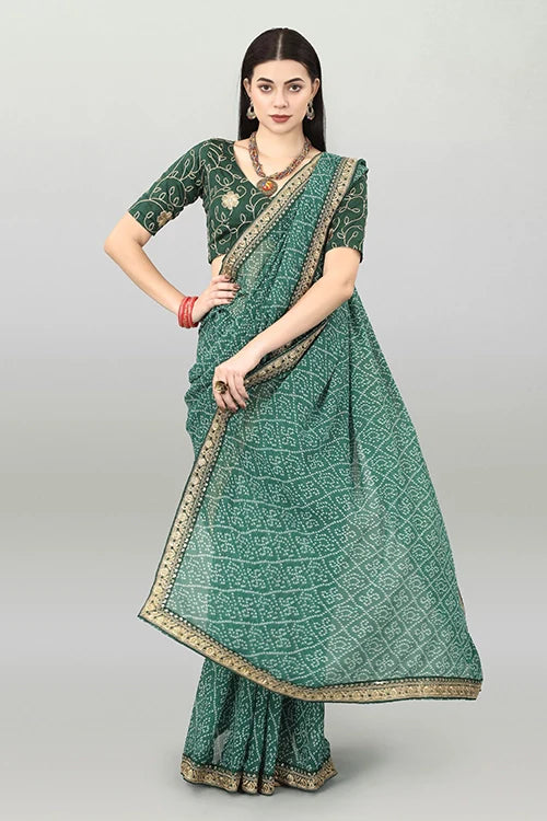 Green Bandhani Georgette Saree with Embroidered Blouse Piece