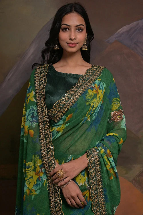 Designer Green Georgette Saree with Embroidery Work