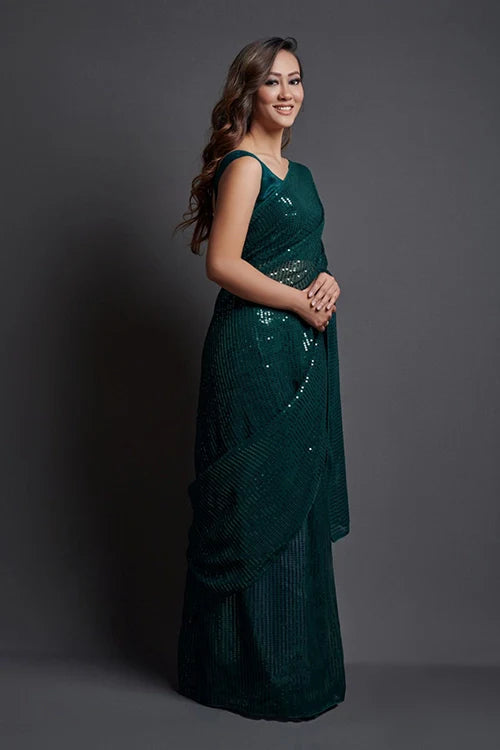 Green Bollywood Designer Saree with Embroidery Work
