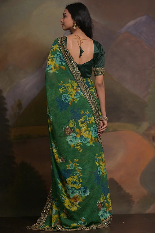 Designer Green Georgette Saree with Embroidery Work
