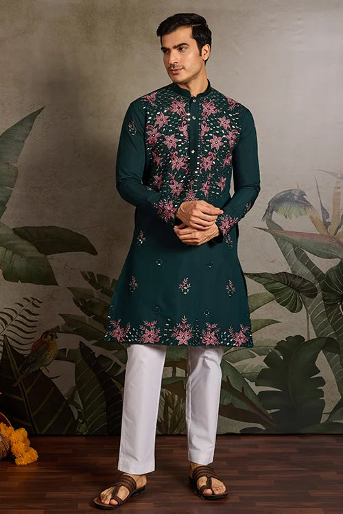Party Look Green Mirror Embroidered Kurta Set for Men