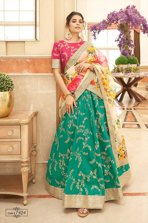 Green-White Thread Sequins With Embroidery Work Lehenga Choli With Dupatta