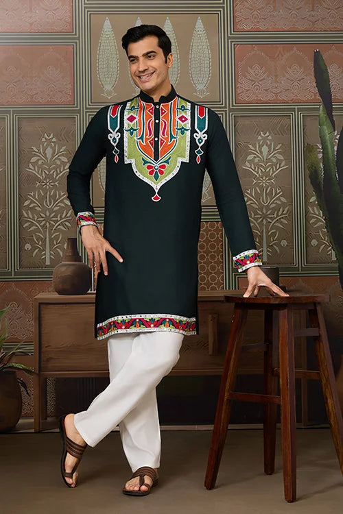 Green Embroidered Festival Wear Kurta for Men