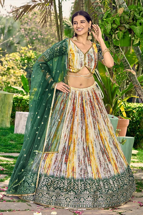 Green Chinon Zari Sequins Embroidered Work Lehenga Choli