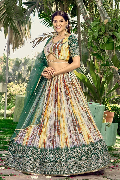Green Chinon Zari Sequins Embroidered Work Lehenga Choli