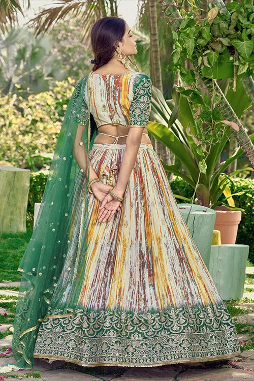Green Chinon Zari Sequins Embroidered Work Lehenga Choli