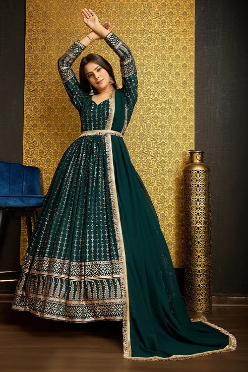 Green Color Designer Metalic Foil Work Ready To Wear Gown
