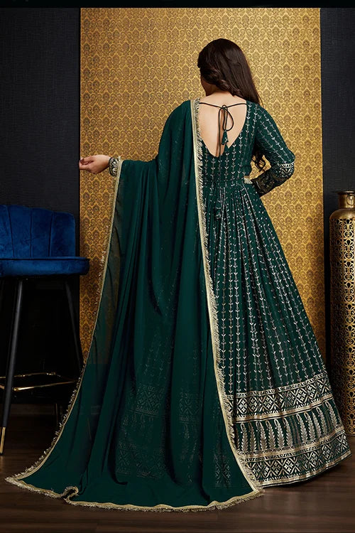 Green Color Designer Metalic Foil Work Ready To Wear Gown