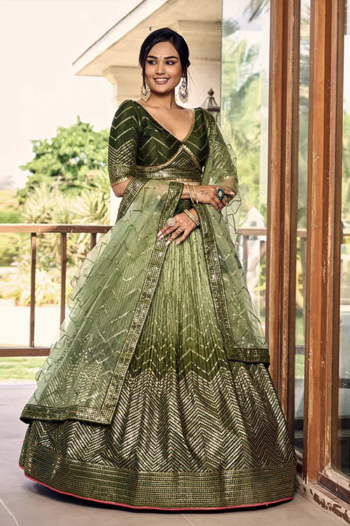Green Sequins Embroidery Work Wedding Wear Lehenga Choli
