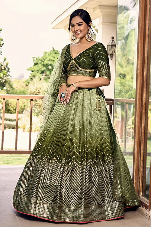 Green Sequins Embroidery Work Wedding Wear Lehenga Choli