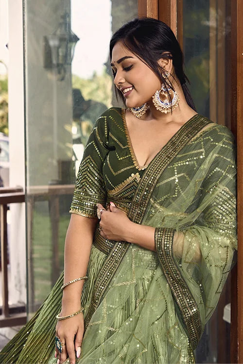 Green Sequins Embroidery Work Wedding Wear Lehenga Choli