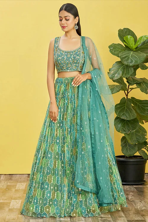Green Thread With Sequins Embroidered Work Lehenga Choli