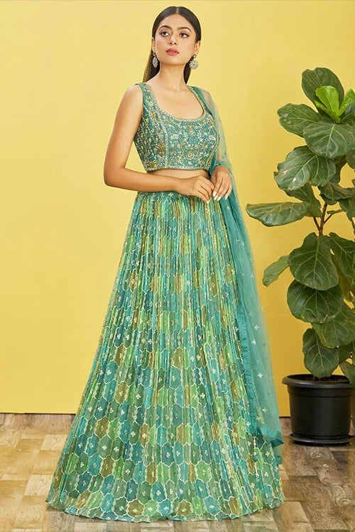 Green Thread With Sequins Embroidered Work Lehenga Choli