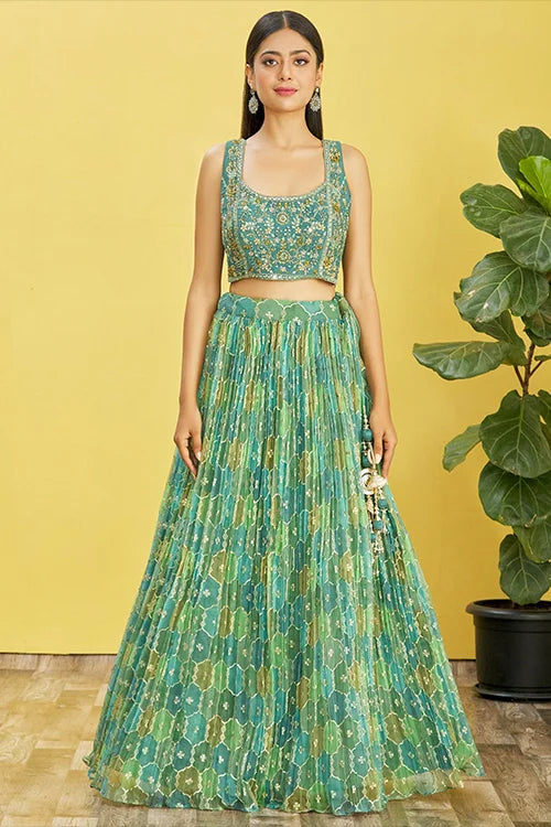 Green Thread With Sequins Embroidered Work Lehenga Choli
