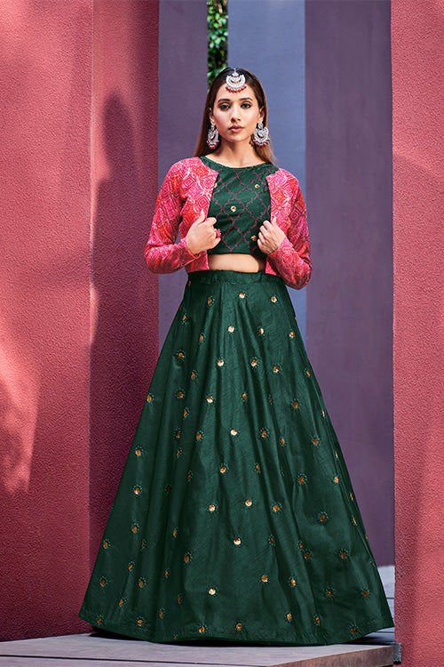 Green Art Silk Thread With Sequence Embroidered  With Mirror Work Lehenga Choli