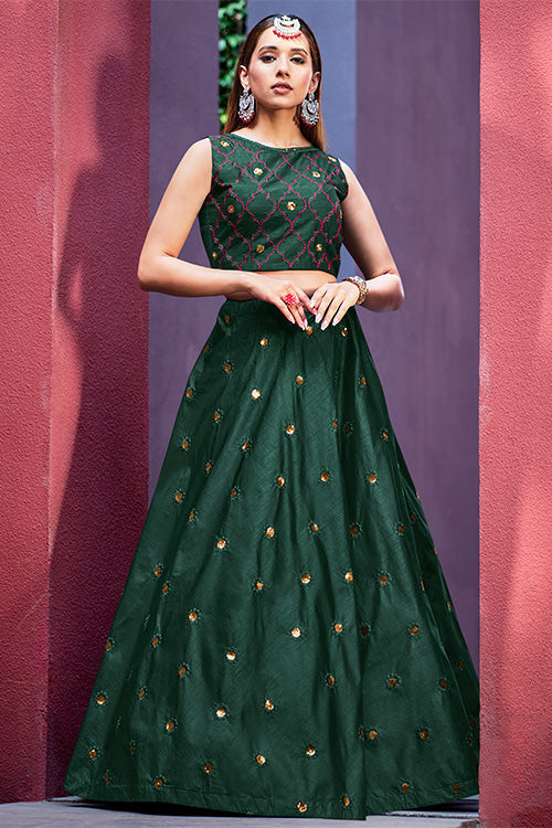 Green Art Silk Thread With Sequence Embroidered  With Mirror Work Lehenga Choli
