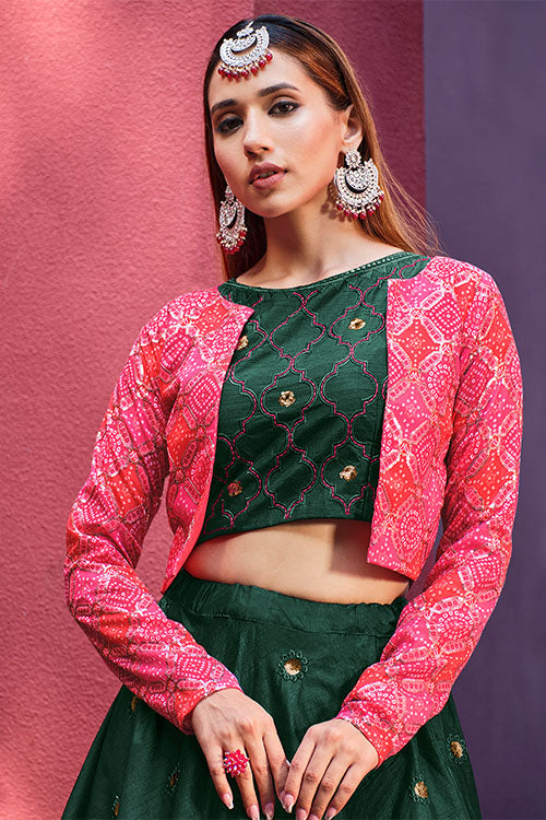 Green Art Silk Thread With Sequence Embroidered  With Mirror Work Lehenga Choli