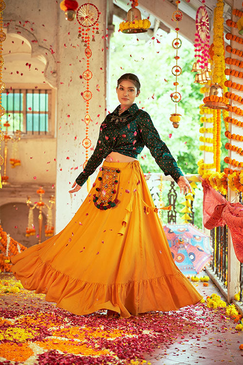 Green Gajji Silk Prined Work Navratri Crop-Top Skirt