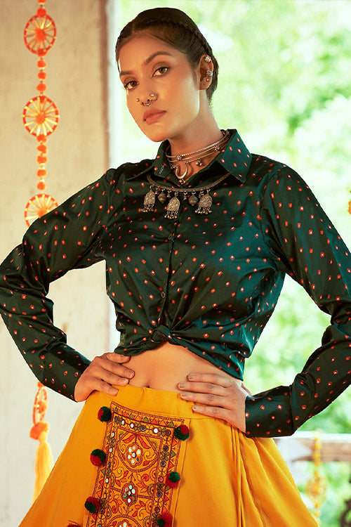 Green Gajji Silk Prined Work Navratri Crop-Top Skirt