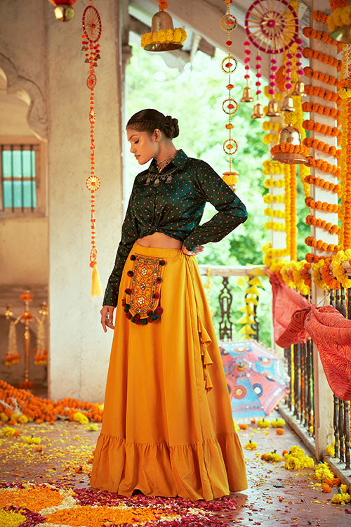 Green Gajji Silk Prined Work Navratri Crop-Top Skirt