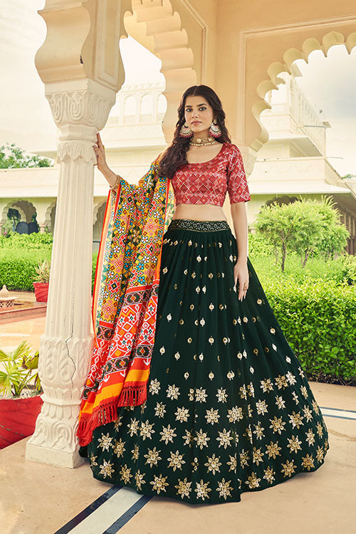 Green Georgette Sequins Embroidered Lehenga Choli