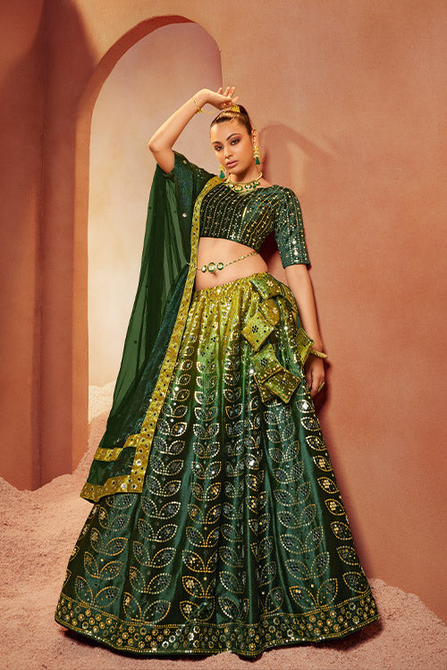 Green Velvet Sequins Embroidered All Over Mirror Work Lehenga Choli.