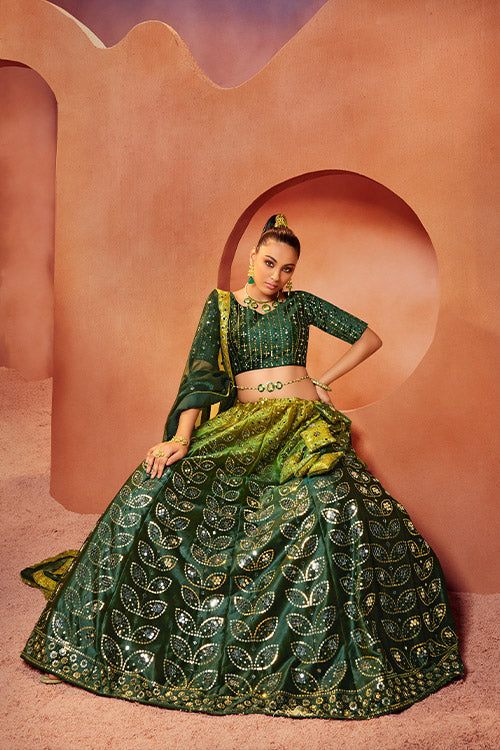Green Velvet Sequins Embroidered All Over Mirror Work Lehenga Choli.