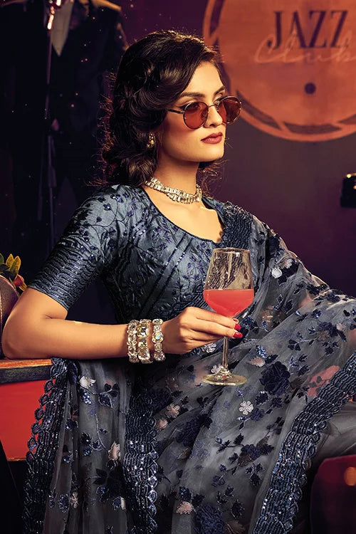 Preety Grey Designer Net Saree With Fancy Monalisha Silk Blouse