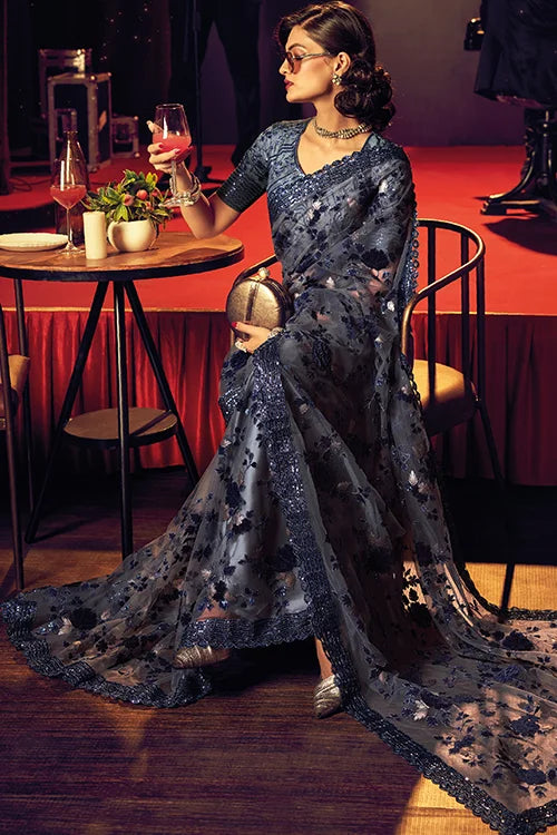 Preety Grey Designer Net Saree With Fancy Monalisha Silk Blouse