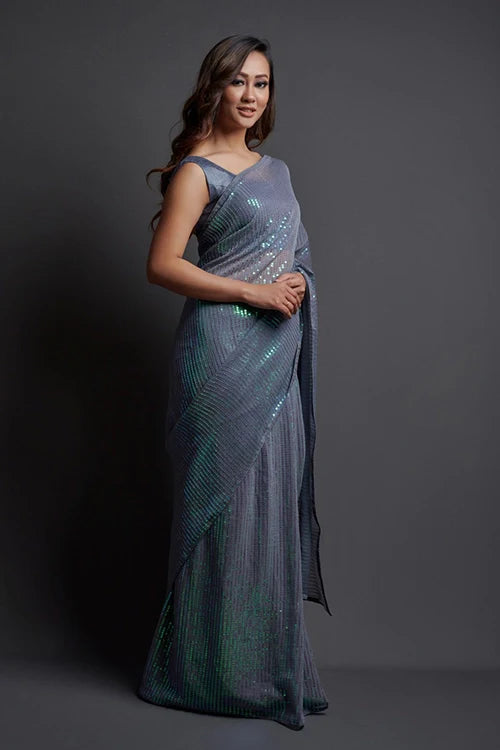 Bollywood Designer Grey Georgette Silk Saree Online