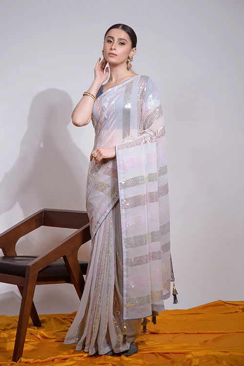 Designer Grey Georgette Saree with Fancy Embroidery