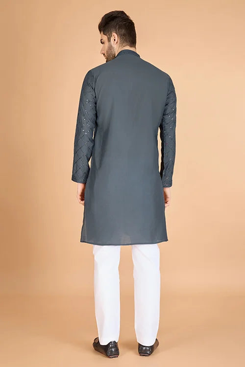 Designer Grey Sequence Embroidered Gents Kurta