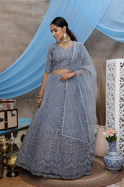 Grey Net Coding Embroidered Lehenga for Weddings