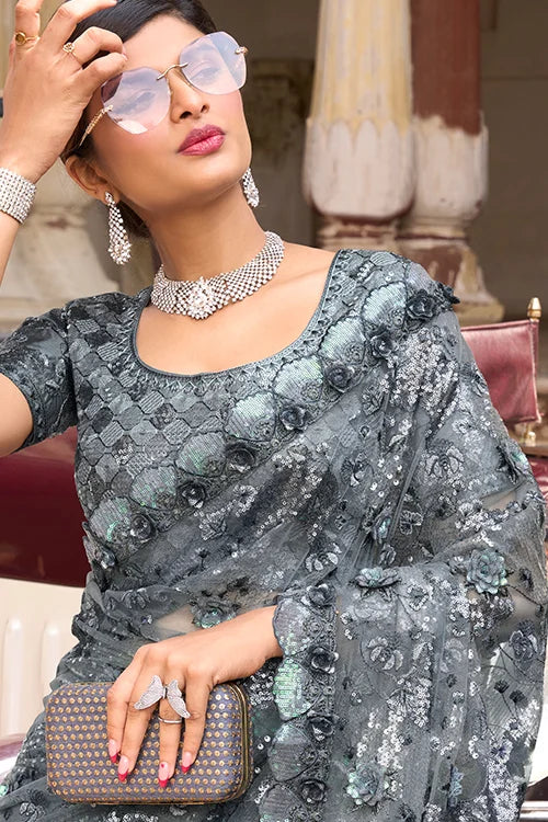 Party Wear Designer Saree With Fancy Matching Blouse Piece