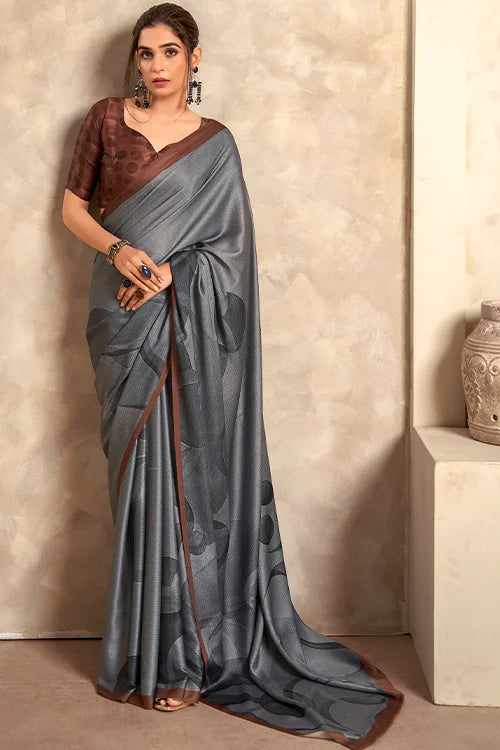 Pure Satin Silk Grey Saree With Blouse At Shubhkala
