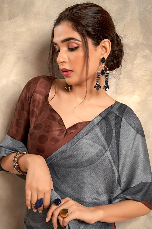 Pure Satin Silk Grey Saree With Blouse At Shubhkala