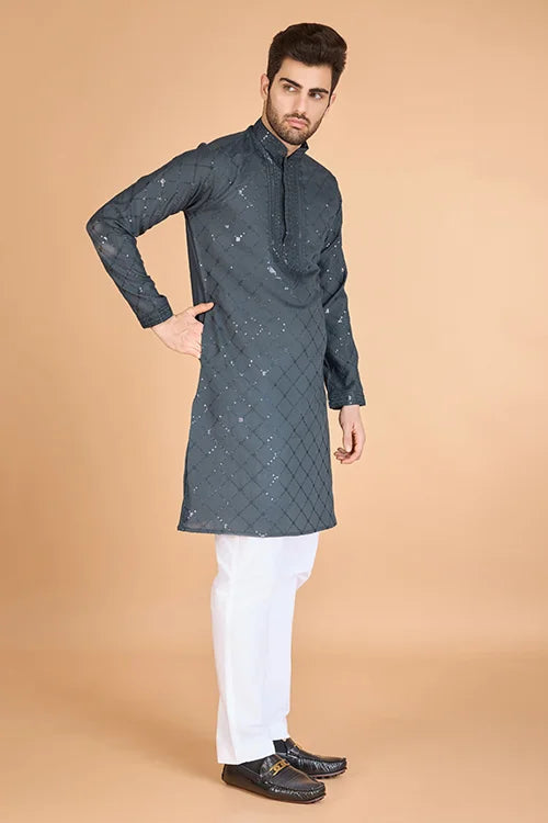Designer Grey Sequence Embroidered Gents Kurta