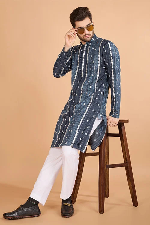 Grey Sequence with Mirror Foil Embroidered Mens Wear Kurta