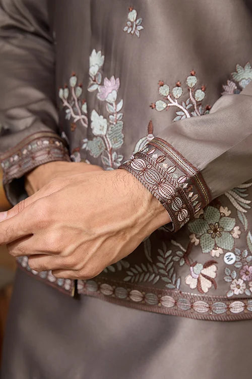 Grey Embroidered Koti Kurta Set for Mens Wear