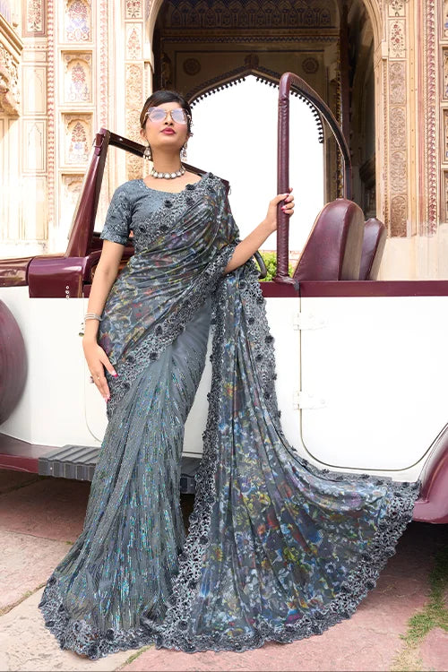 Turkey Imported Digital Net Saree With Jarman Silk Blouse