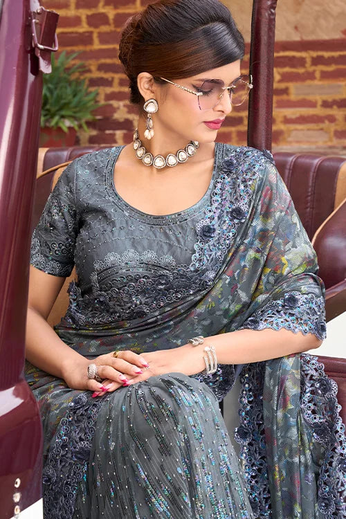 Turkey Imported Digital Net Saree With Jarman Silk Blouse