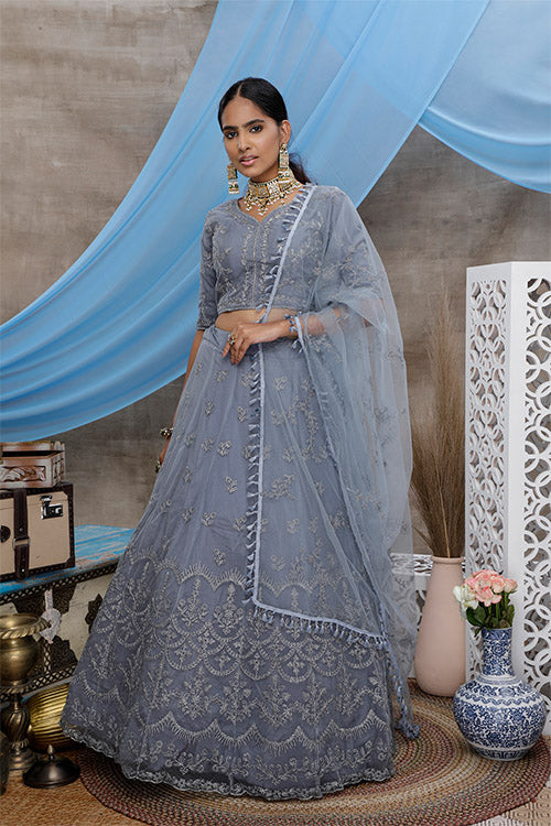 Grey Net Coding Embroidered Lehenga for Weddings