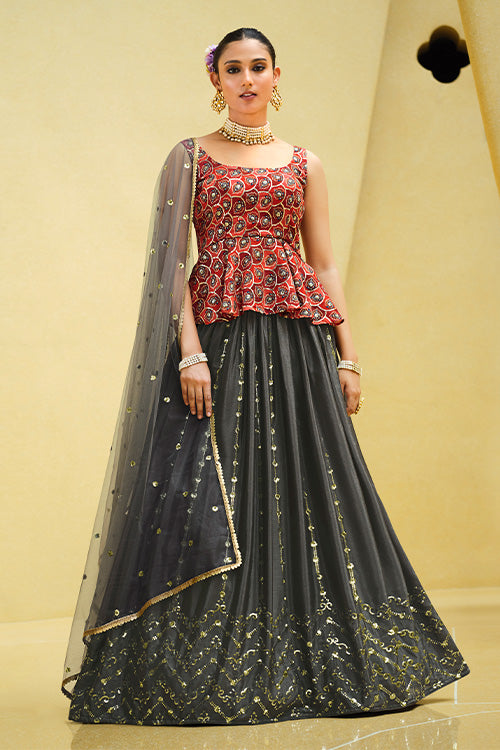 Grey Chinon Silk Sequins Embroidered Lehenga Choli Set